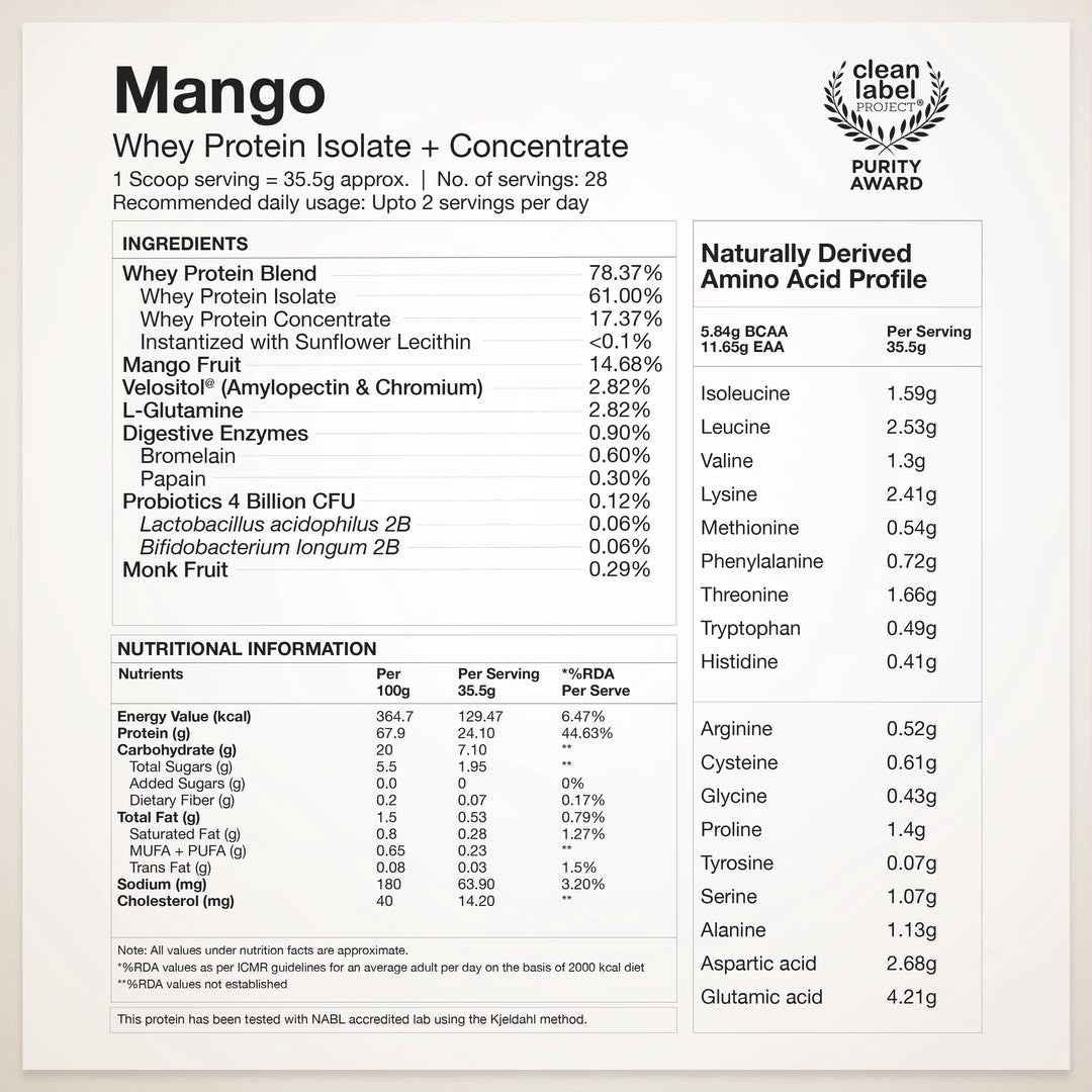 Well-Being Whey Protein Isolate + Concentrate 24g | 1kg | 4B CFU Probiotics | Mango Flavoured