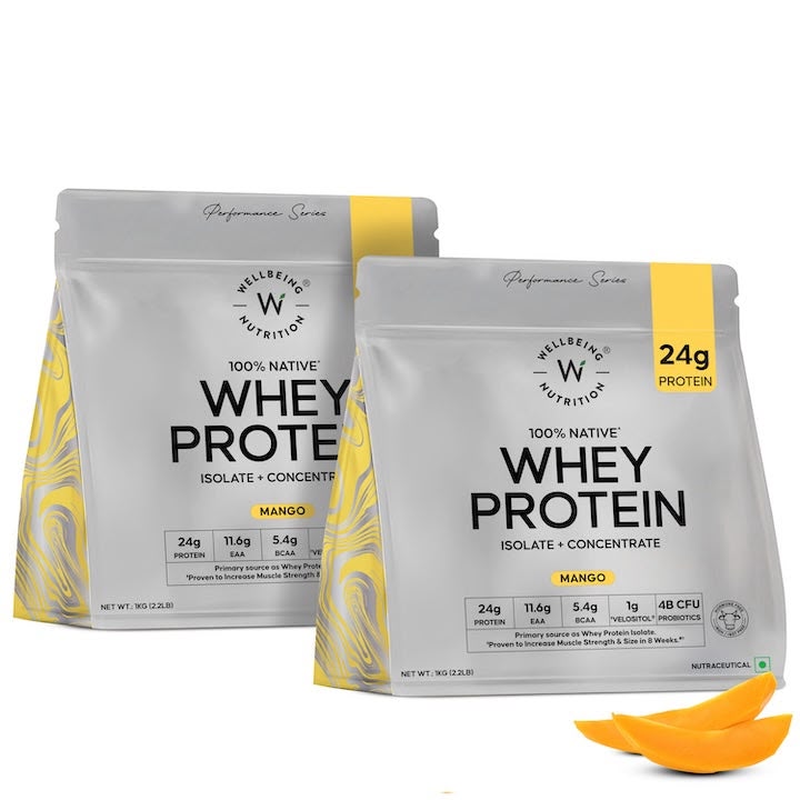 Well-Being Whey Protein Isolate + Concentrate 24g | 1kg | 4B CFU Probiotics | Mango Flavoured
